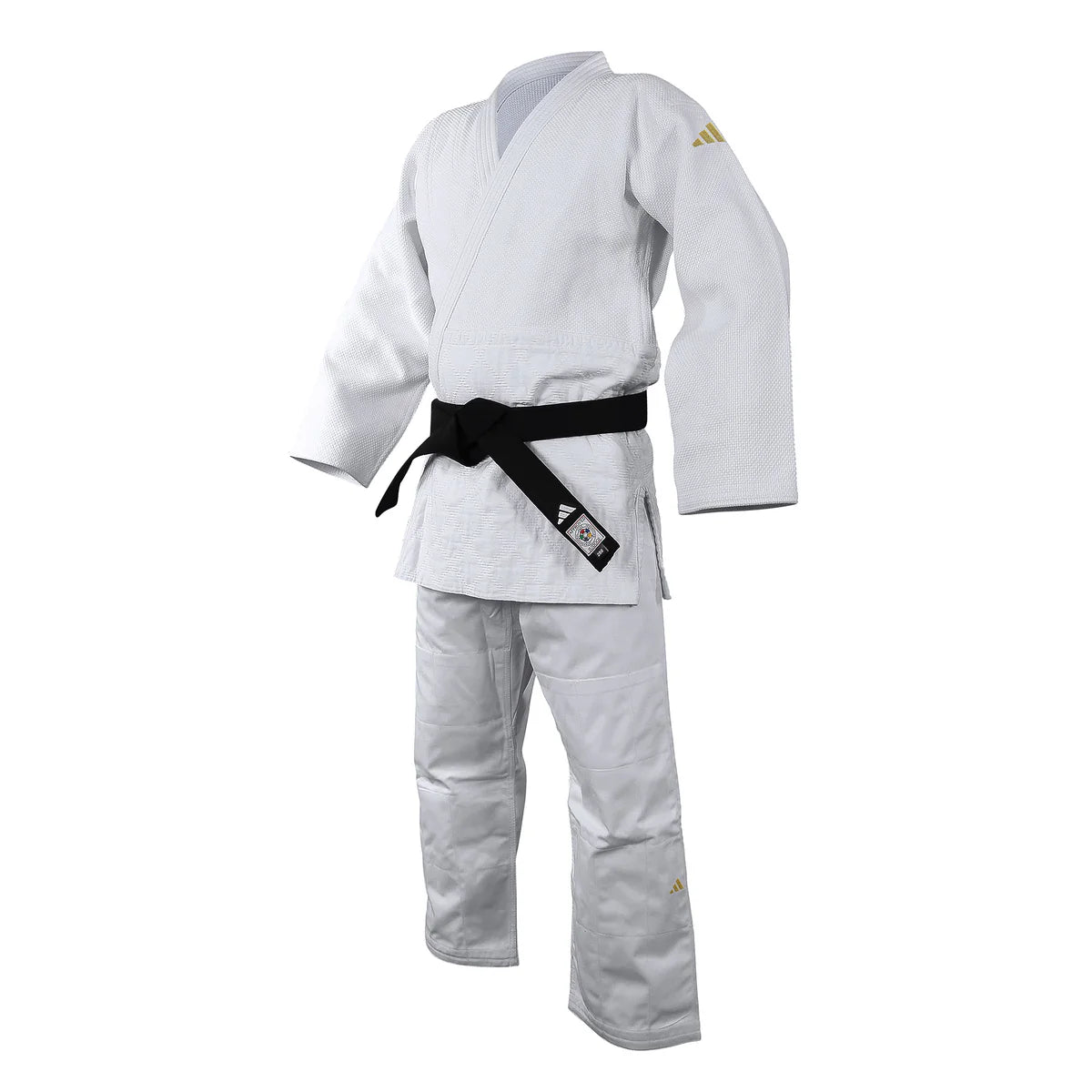 White Adidas Champion III judo jacket and trousers pictured with a black belt