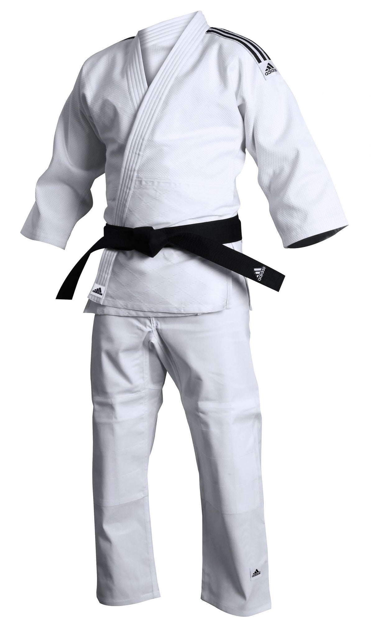 Adidas J500 white judo uniform with black shoulder stripes; front view, belt shown for styling