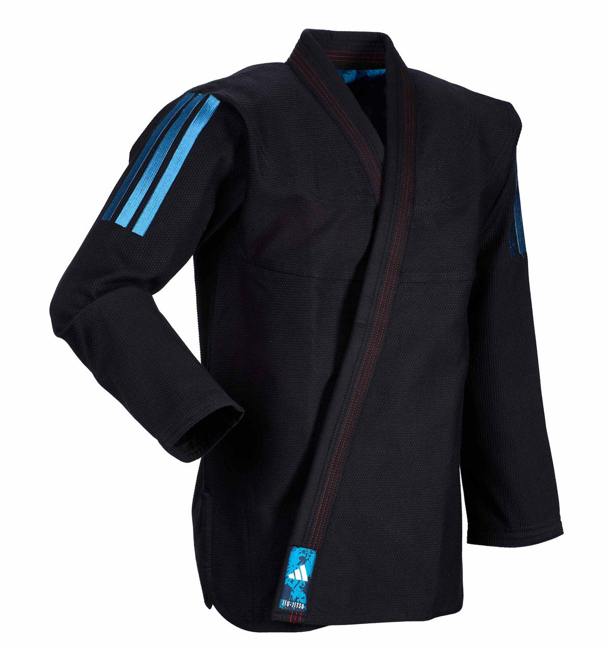 Adidas Contest Tropical Leaf BJJ jacket, black with blue stripes — front view