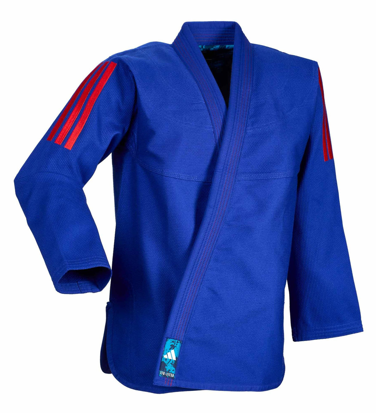 Adidas Contest Tropical Leaf BJJ ceketi, kırmızı çizgili mavi — önden görünüm