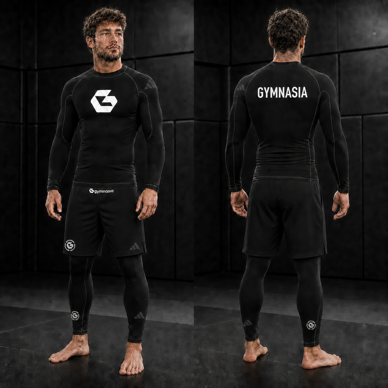 Adult wearing the full branded Gymnasia long-sleeve No-Gi set with shorts over tights, front and back