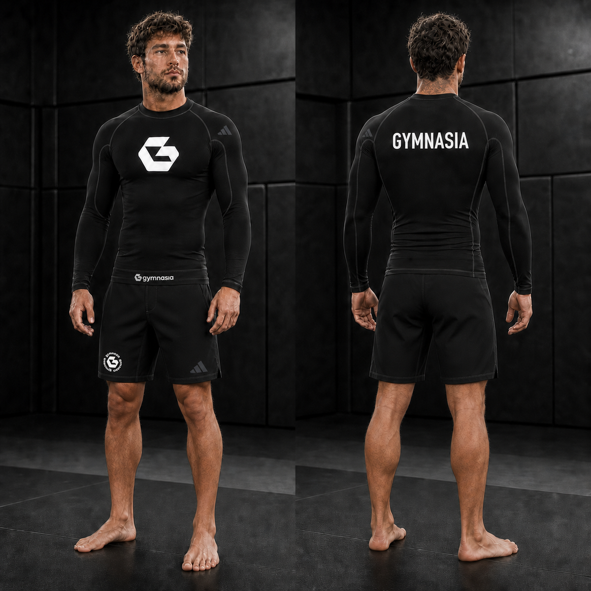 Adult wearing the branded Gymnasia long-sleeve rashguard with shorts, front and back