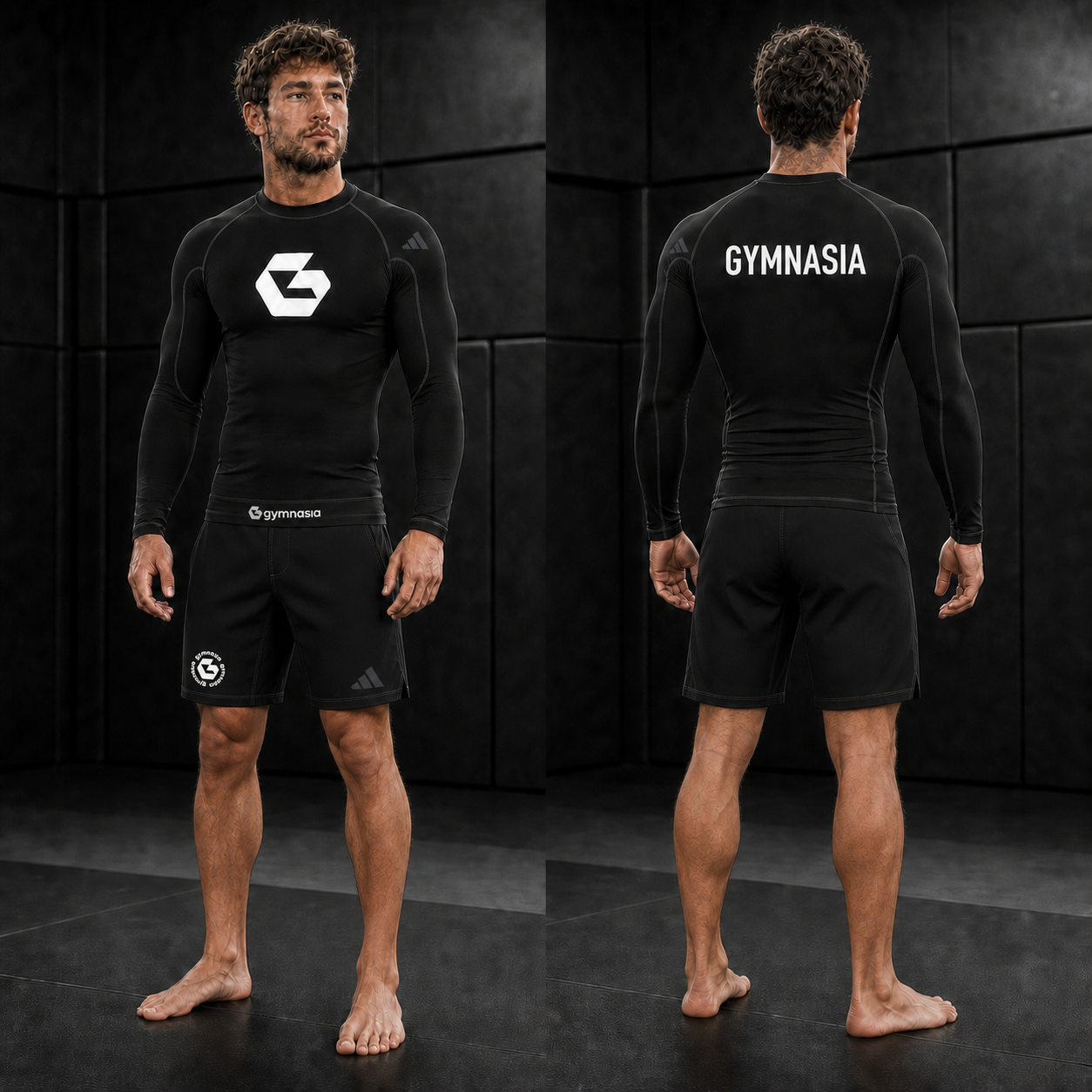 Adult wearing the branded Gymnasia long-sleeve rashguard with shorts, front and back