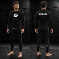 Adult wearing the branded Gymnasia long-sleeve rashguard with tights, front and back