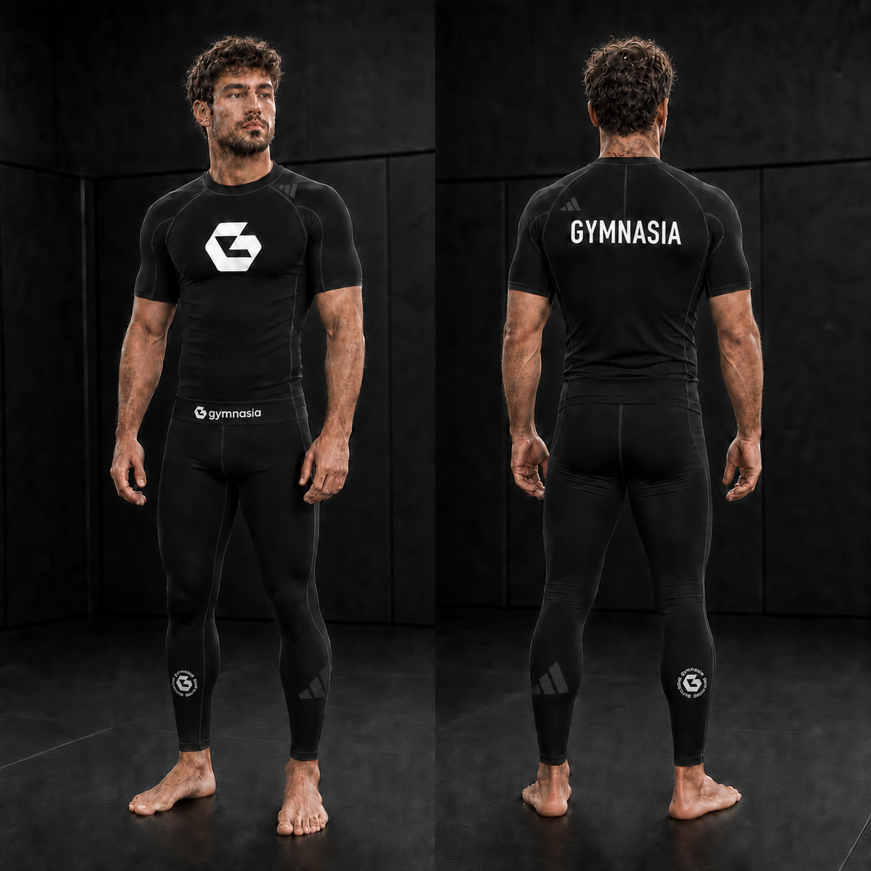 Adult wearing the branded Gymnasia short-sleeve rashguard with tights, front and back
