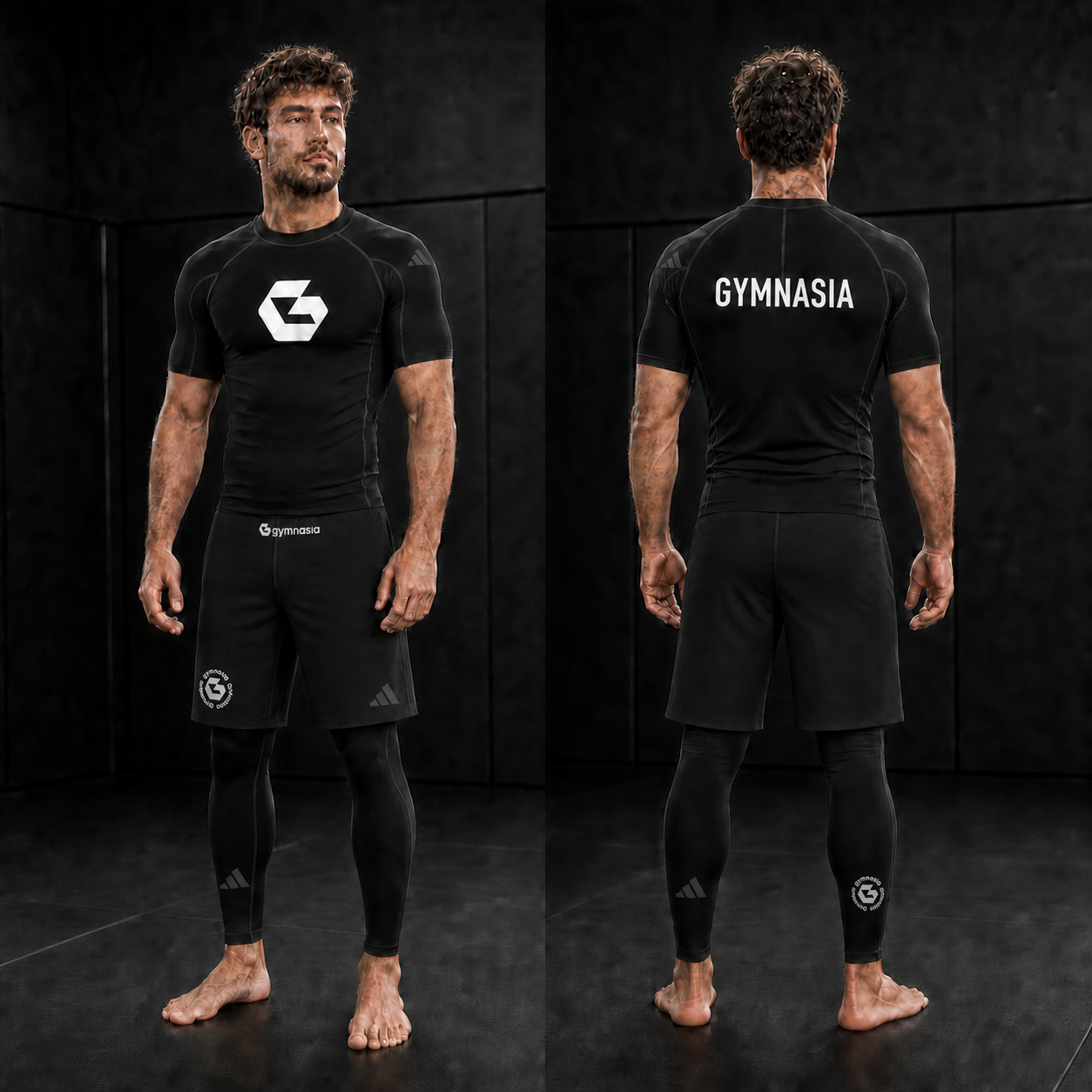 Adult wearing the full branded Gymnasia short-sleeve No-Gi set with shorts over tights, front and back