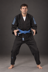 Adidas Contest 2.0 Tropical Leaf BJJ gi, black, modeled front view; belt shown for styling