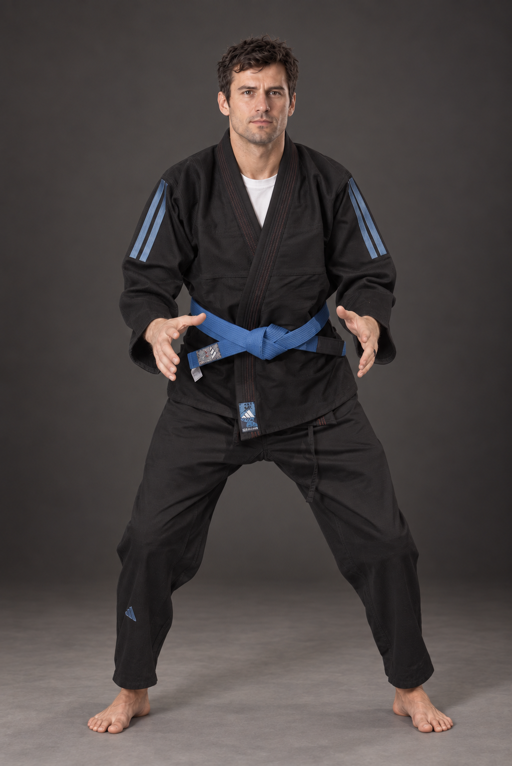 Adidas Contest 2.0 Tropical Leaf BJJ gi, black, modeled front view; belt shown for styling