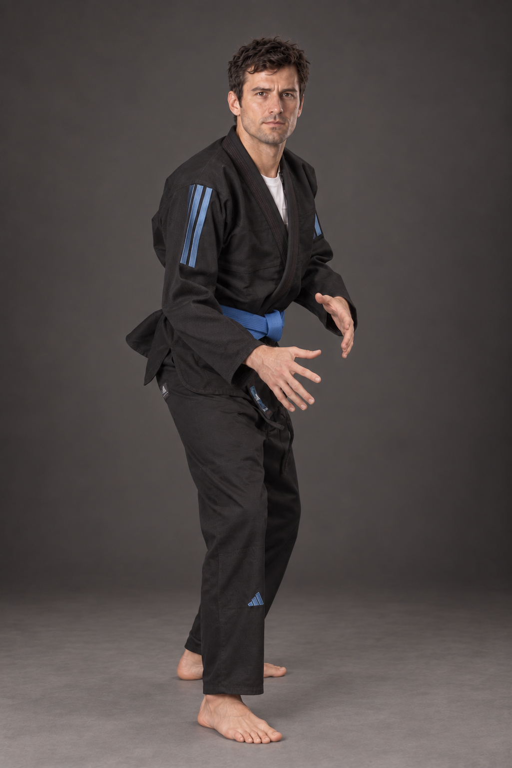 Adidas Contest 2.0 Tropical Leaf BJJ gi, black, modeled three-quarter side view; belt shown for styling