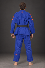 Adidas Contest 2.0 Tropical Leaf BJJ gi, blue, modeled back view; belt shown for styling