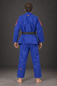 Adidas Contest 2.0 Tropical Leaf BJJ gi, blue, modeled back view; belt shown for styling
