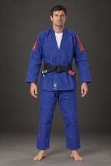Adidas Contest 2.0 Tropical Leaf BJJ gi, blue, modeled front view; belt shown for styling