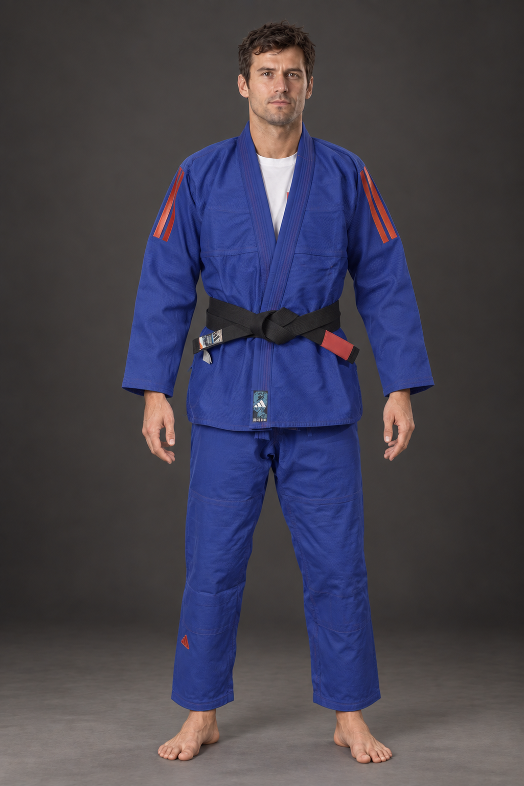 Adidas Contest 2.0 Tropical Leaf BJJ gi, blue, modeled front view; belt shown for styling