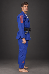 Adidas Contest 2.0 Tropical Leaf BJJ gi, blue, modeled side view; belt shown for styling