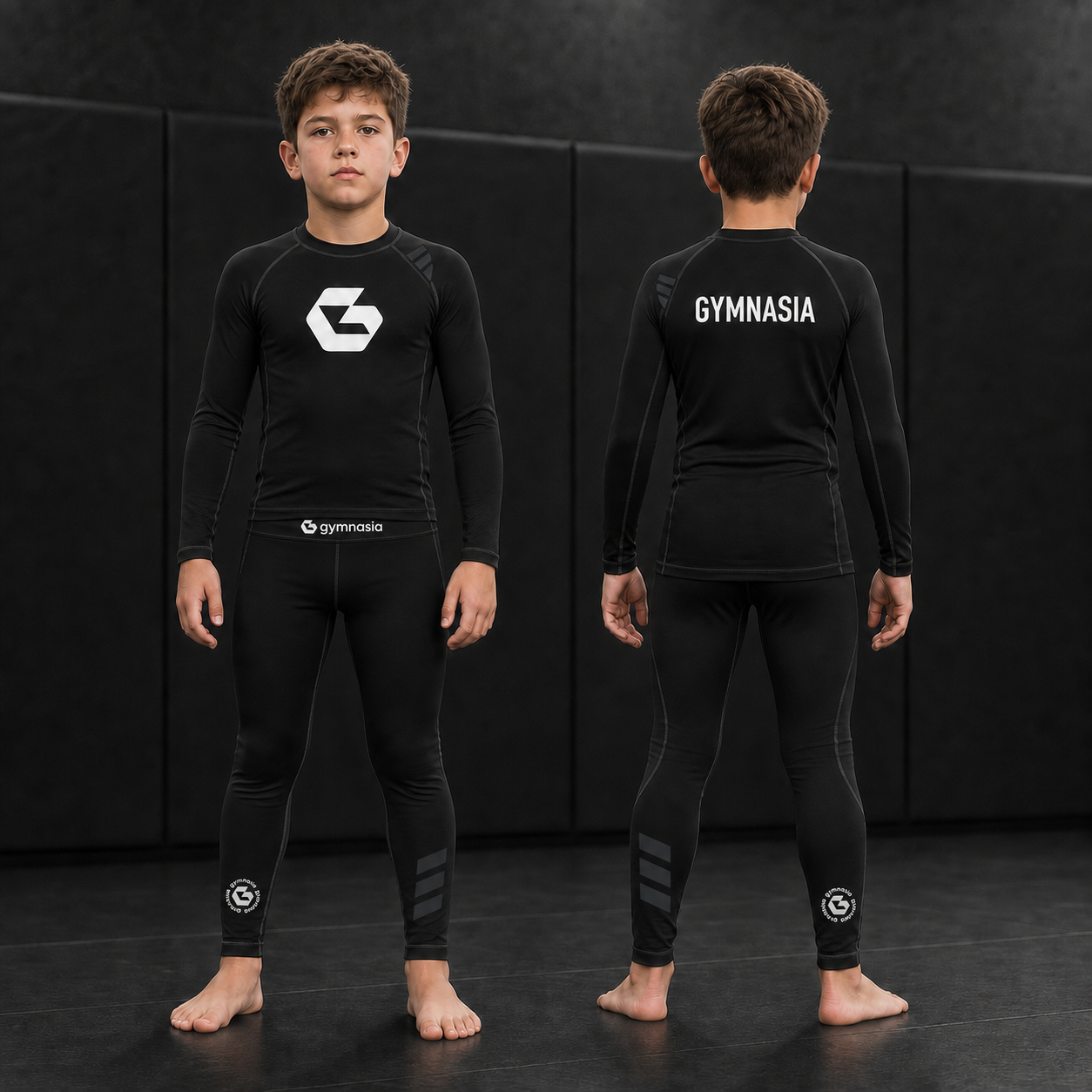 Child wearing the branded Gymnasia long-sleeve rashguard with tights, front and back
