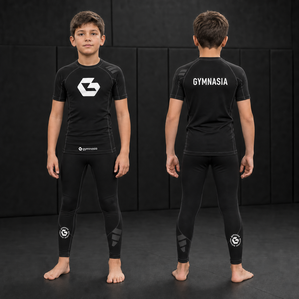 Child wearing the branded Gymnasia short-sleeve rashguard with tights, front and back