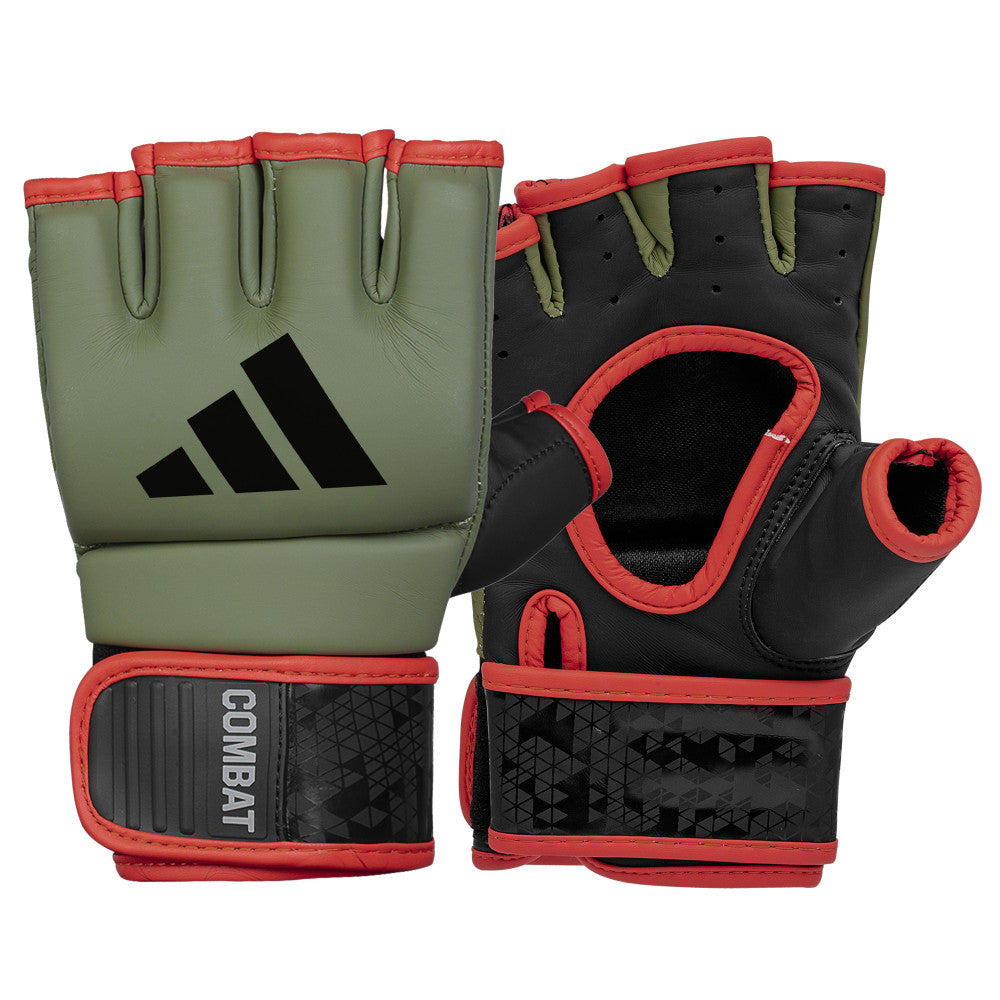 Front view of black Adidas MMA gloves showing padding and logo