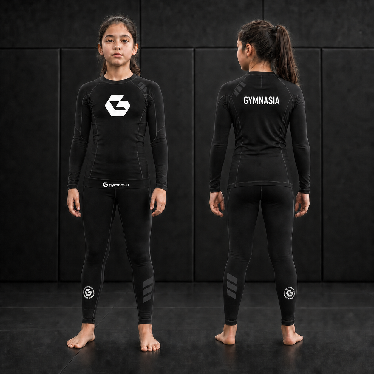 Girl wearing the branded Gymnasia long-sleeve No-Gi set, front and back