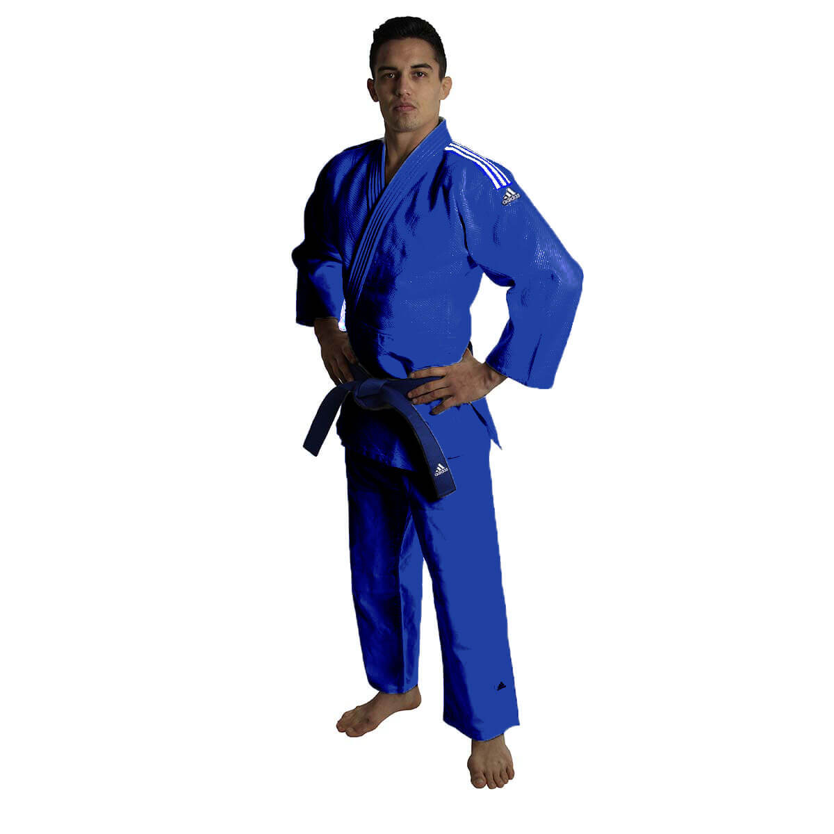 Adidas J500 blue judo uniform with white shoulder stripes, worn by a model; belt shown for styling