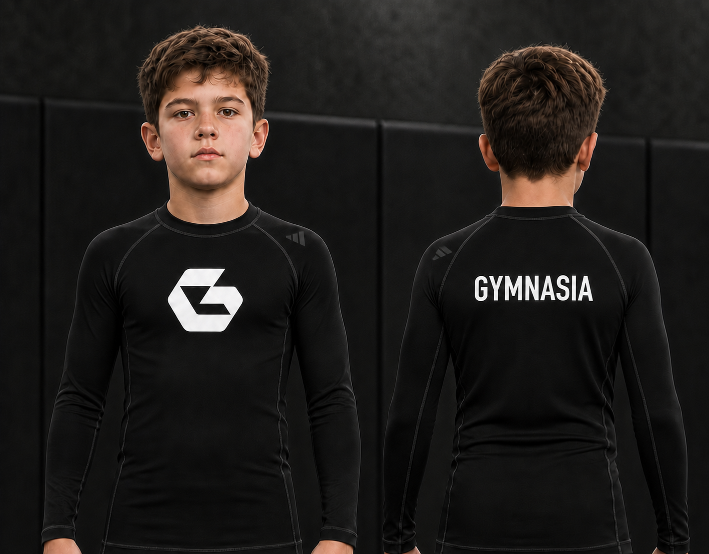 Child wearing the branded Gymnasia long-sleeve rashguard, front and back