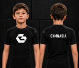 Child wearing the branded Gymnasia short-sleeve rashguard, front and back