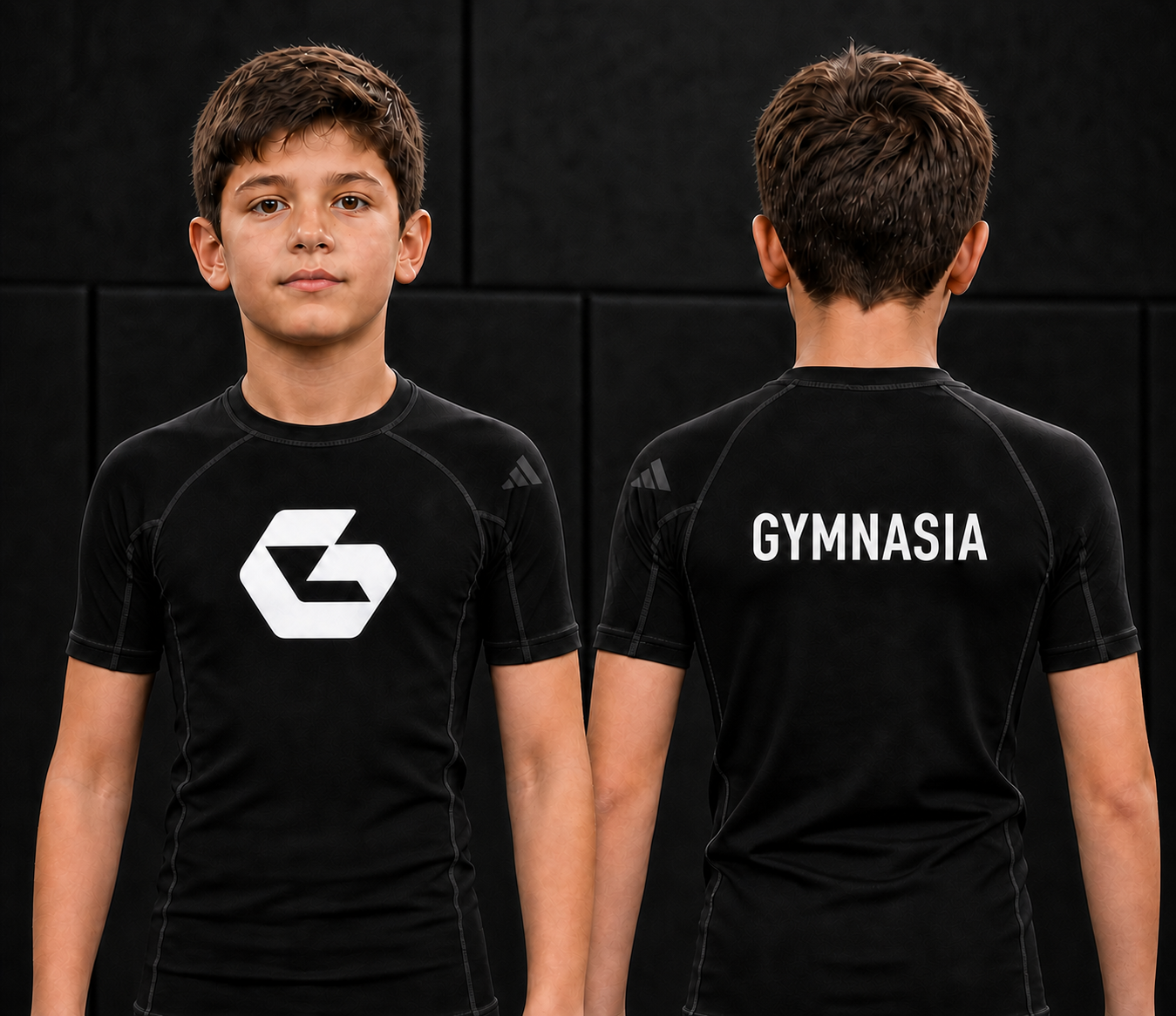 Child wearing the branded Gymnasia short-sleeve rashguard, front and back