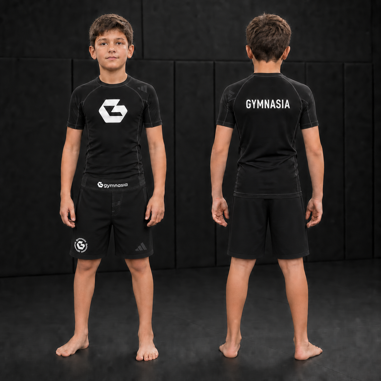 Child wearing the branded Gymnasia short-sleeve rashguard with shorts, front and back