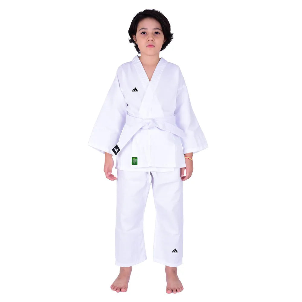 White Adidas K200 2.0 karate uniform worn by an athlete, front view