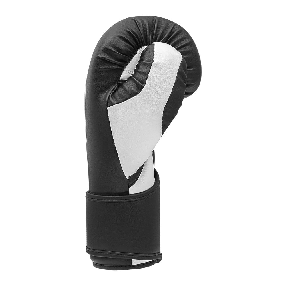 Side and thumb detail of black and white Adidas Tilt 350 Velcro boxing gloves