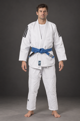 Adidas Contest 2.0 Tropical Leaf BJJ gi, white, modeled front view; belt shown for styling