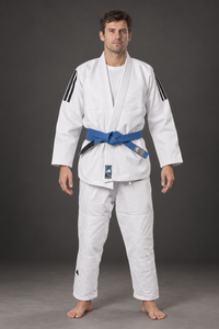 Adidas Contest 2.0 Tropical Leaf BJJ gi, white, modeled front view; belt shown for styling