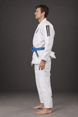 Adidas Contest 2.0 Tropical Leaf BJJ gi, white, modeled side view; belt shown for styling