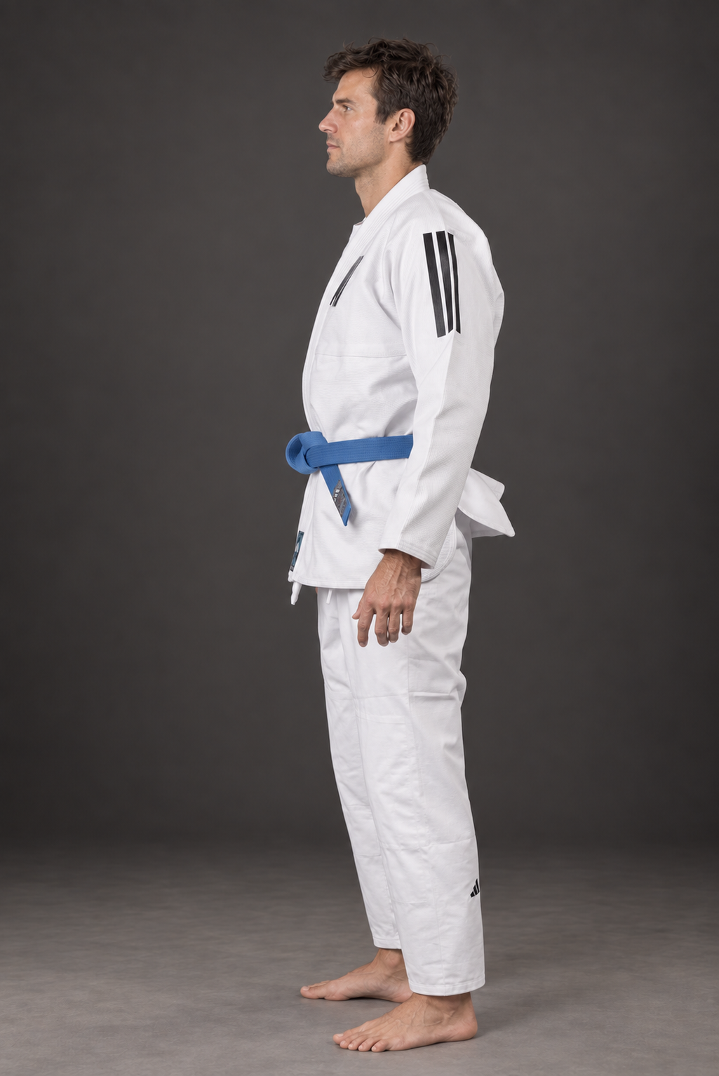 Adidas Contest 2.0 Tropical Leaf BJJ gi, white, modeled side view; belt shown for styling
