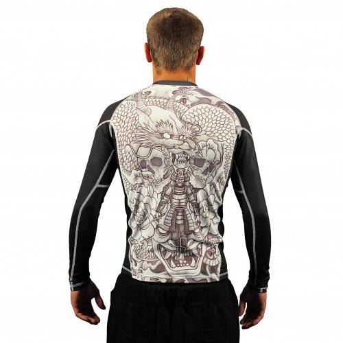 Fight Art YOME Samurai Rash Guard back view with detailed martial arts graphics